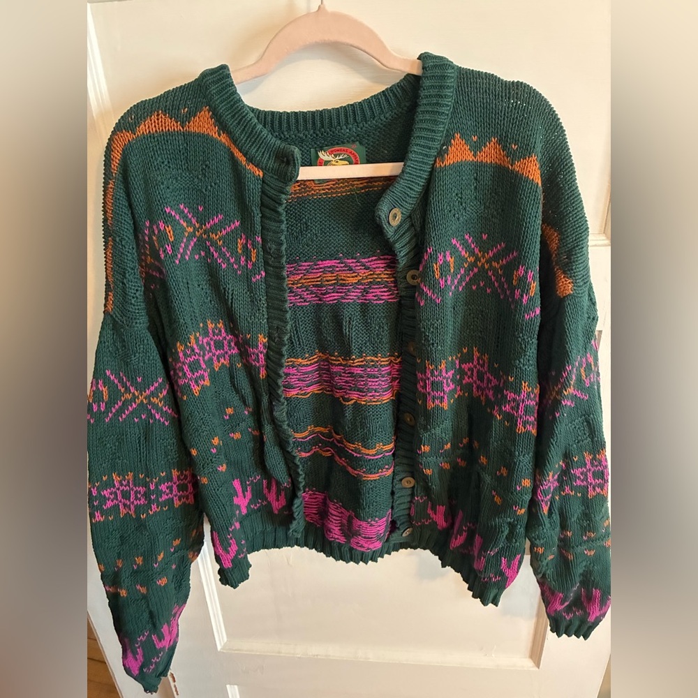 Vintage XL Knit Fairisle Southwestern Button up Christmas Cactus Cardigan